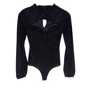 Lulus Sheer Black Velvet Long Sleeve Bodysuit, Molded Cups, High Neck, Size XS